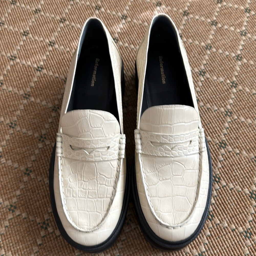 Reformation Cream Croc-Embossed Loafers